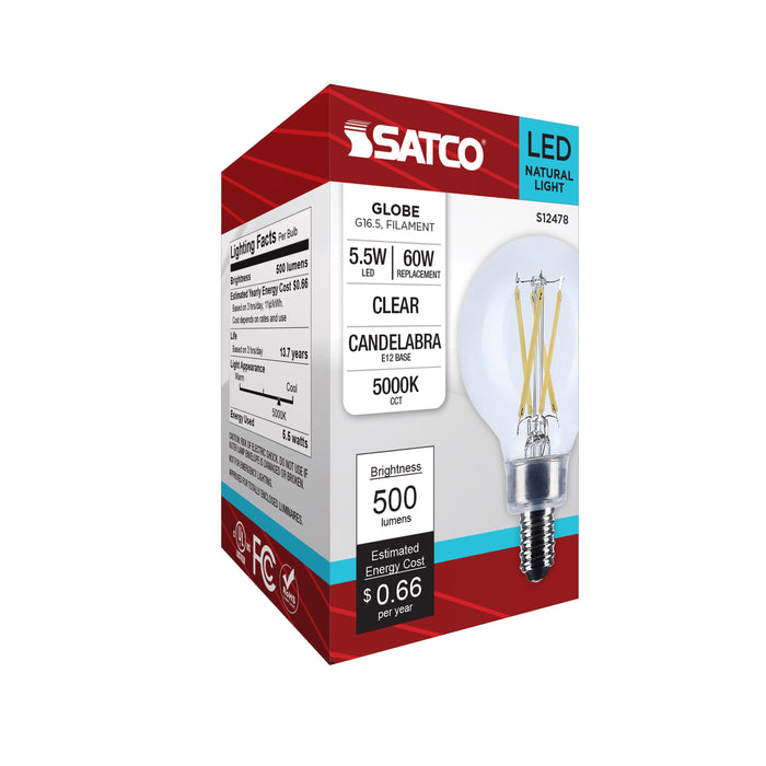 SATCO/NUVO 5.5W G16.5 LED Candelabra E12 Base Clear 5000K 120V (S12478)