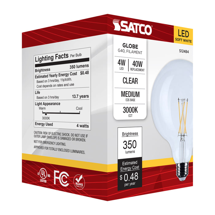 SATCO/NUVO 4W G40 LED Medium E26 Base Clear 3000K 120V (S12484)