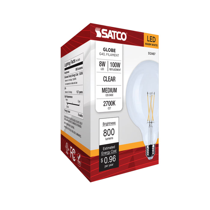 SATCO/NUVO 8W G40 LED Medium E26 Base Clear 2700K 120V (S12487)