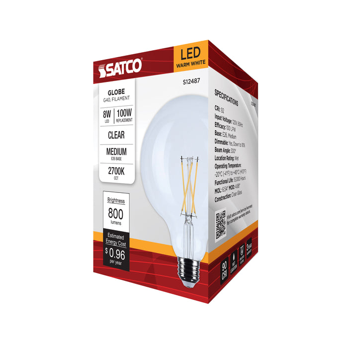 SATCO/NUVO 8W G40 LED Medium E26 Base Clear 2700K 120V (S12487)
