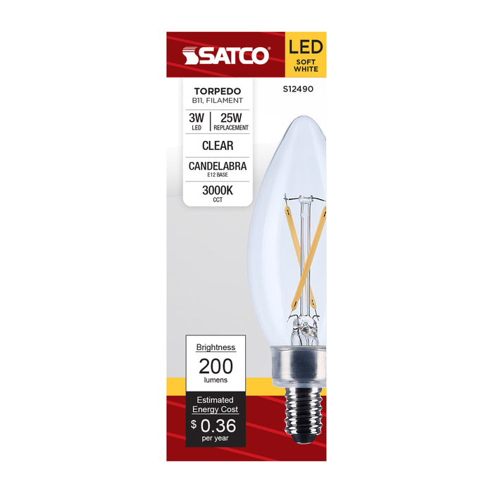 SATCO/NUVO 3W B11 LED Candelabra E12 Base Clear 3000K 120V (S12490)