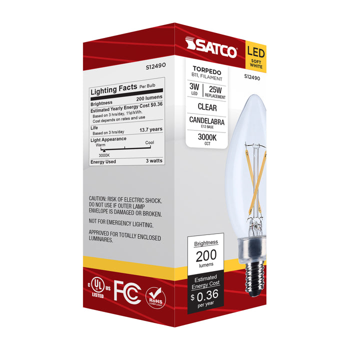 SATCO/NUVO 3W B11 LED Candelabra E12 Base Clear 3000K 120V (S12490)