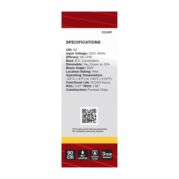 SATCO/NUVO 3W B11 LED Candelabra E12 Base Frost Finish 3000K 120V (S12491)