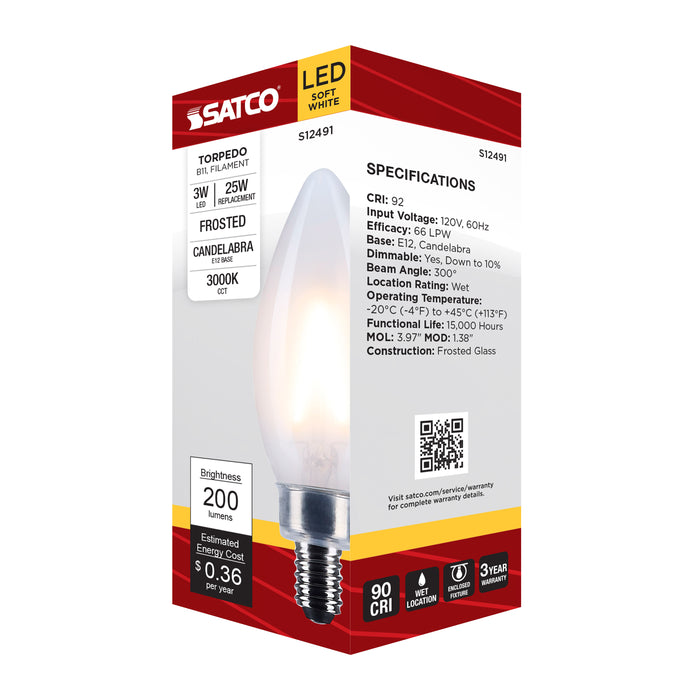 SATCO/NUVO 3W B11 LED Candelabra E12 Base Frost Finish 3000K 120V (S12491)