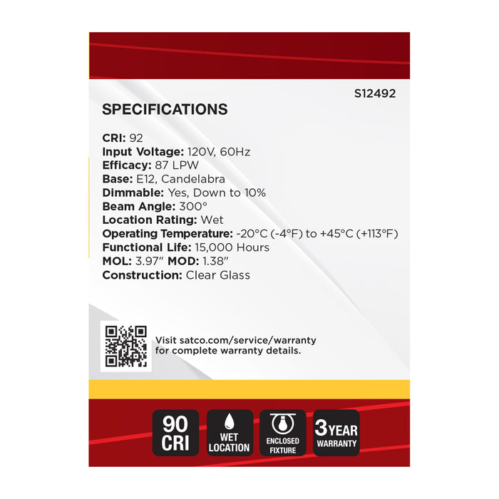 SATCO/NUVO 4W B11 LED Candelabra E12 Base Clear 3000K 120V 10-Pack (S12492)