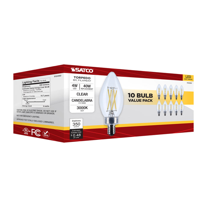 SATCO/NUVO 4W B11 LED Candelabra E12 Base Clear 3000K 120V 10-Pack (S12492)
