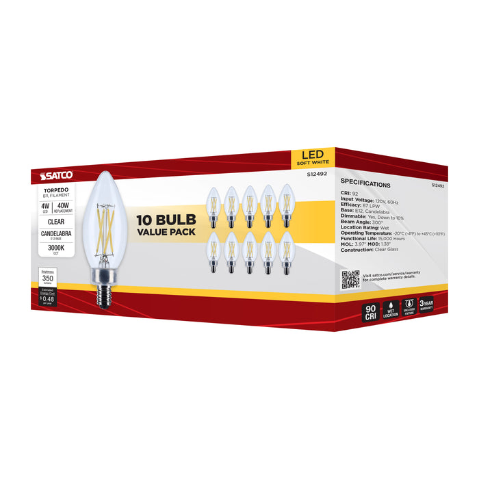 SATCO/NUVO 4W B11 LED Candelabra E12 Base Clear 3000K 120V 10-Pack (S12492)