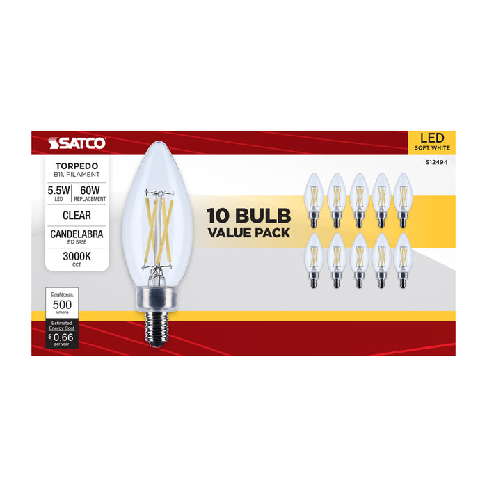 SATCO/NUVO 5.5W B11 LED Candelabra E12 Base Clear 3000K 120V 10-Pack (S12494)