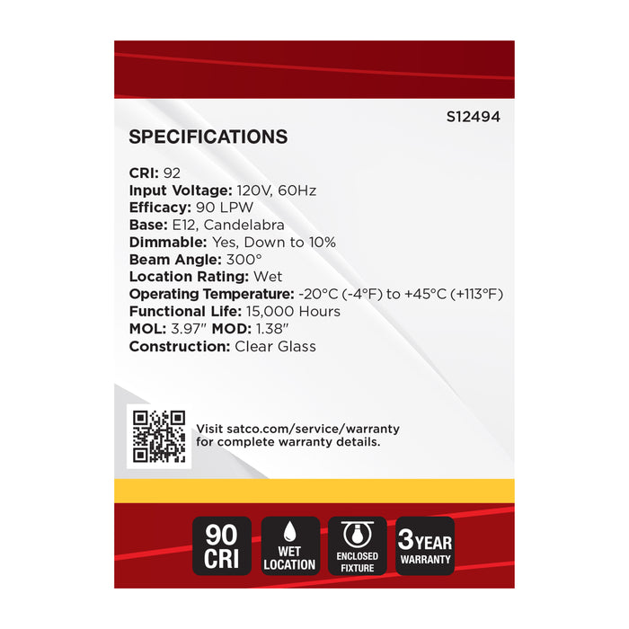 SATCO/NUVO 5.5W B11 LED Candelabra E12 Base Clear 3000K 120V 10-Pack (S12494)