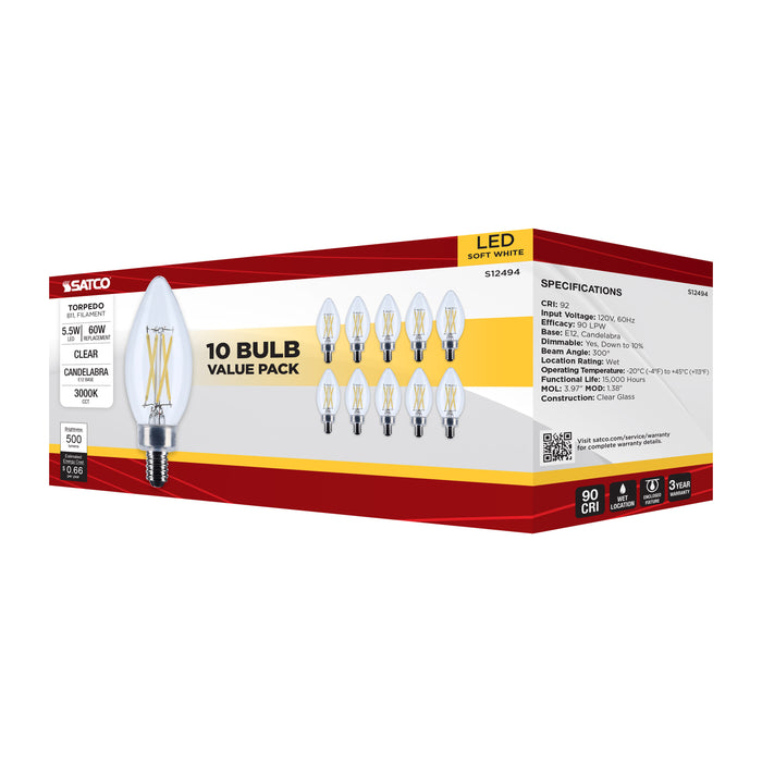 SATCO/NUVO 5.5W B11 LED Candelabra E12 Base Clear 3000K 120V 10-Pack (S12494)