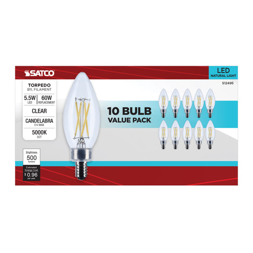 SATCO/NUVO 5.5W B11 LED Candelabra E12 Base Clear 5000K 120V 10-Pack (S12495)