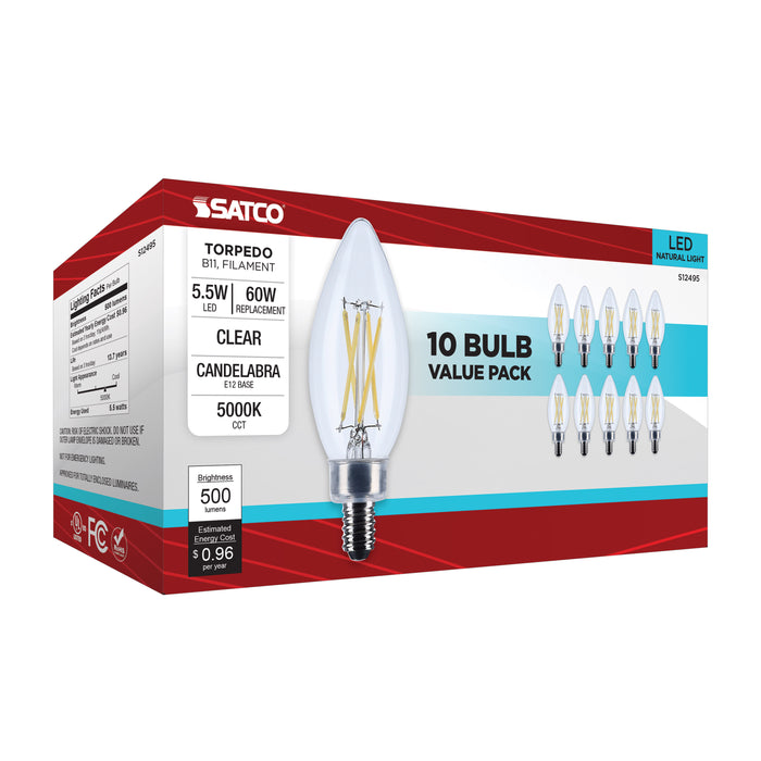 SATCO/NUVO 5.5W B11 LED Candelabra E12 Base Clear 5000K 120V 10-Pack (S12495)