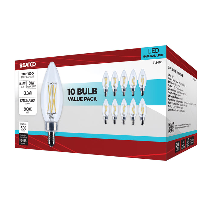 SATCO/NUVO 5.5W B11 LED Candelabra E12 Base Clear 5000K 120V 10-Pack (S12495)