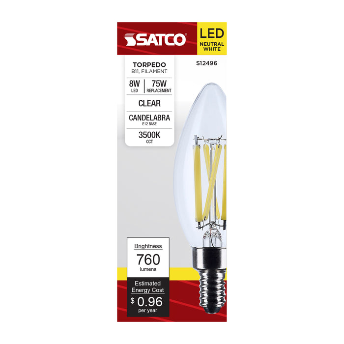 SATCO/NUVO 8W B11 LED Candelabra E12 Base Candle-Tip Clear 3500K 120V (S12496)