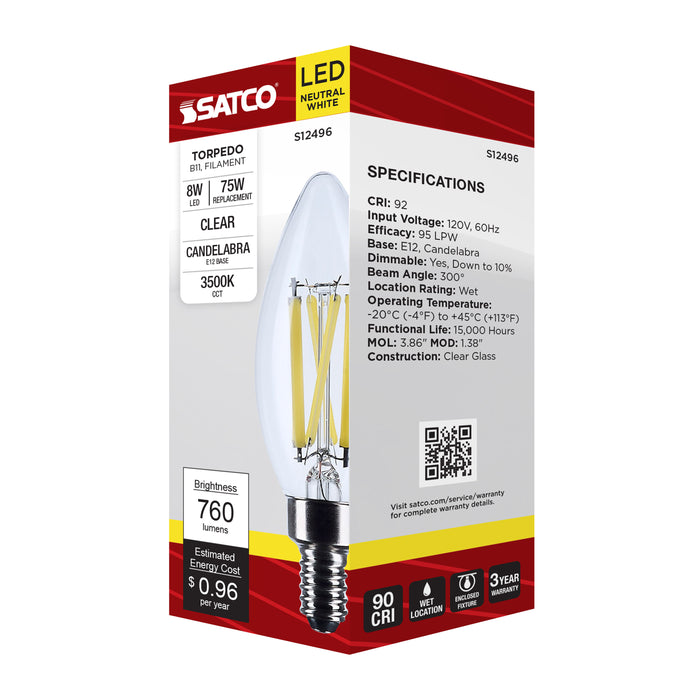 SATCO/NUVO 8W B11 LED Candelabra E12 Base Candle-Tip Clear 3500K 120V (S12496)