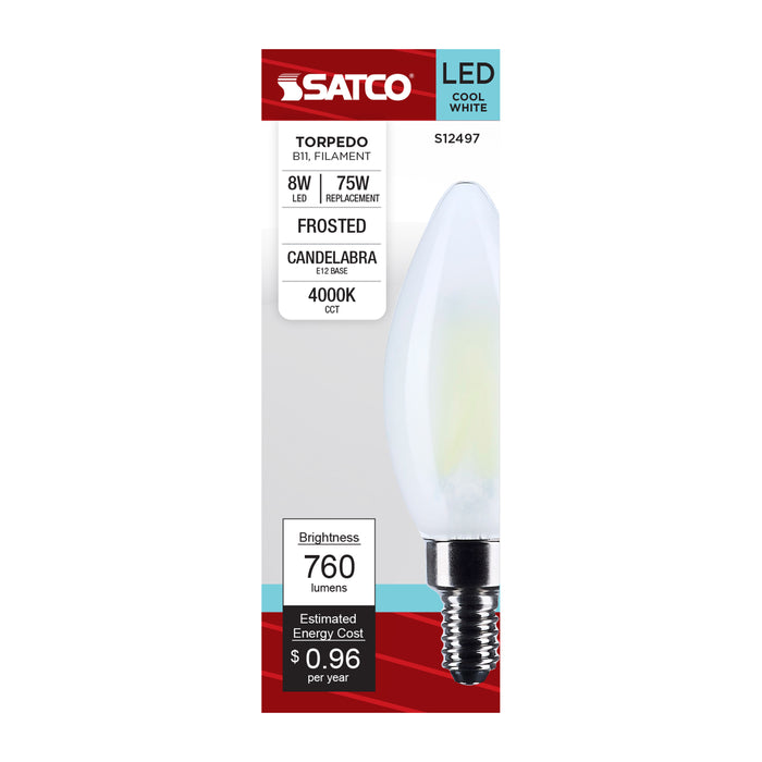 SATCO/NUVO 8W B11 LED Candelabra E12 Base Candle-Tip Frost Finish 4000K 120V (S12497)