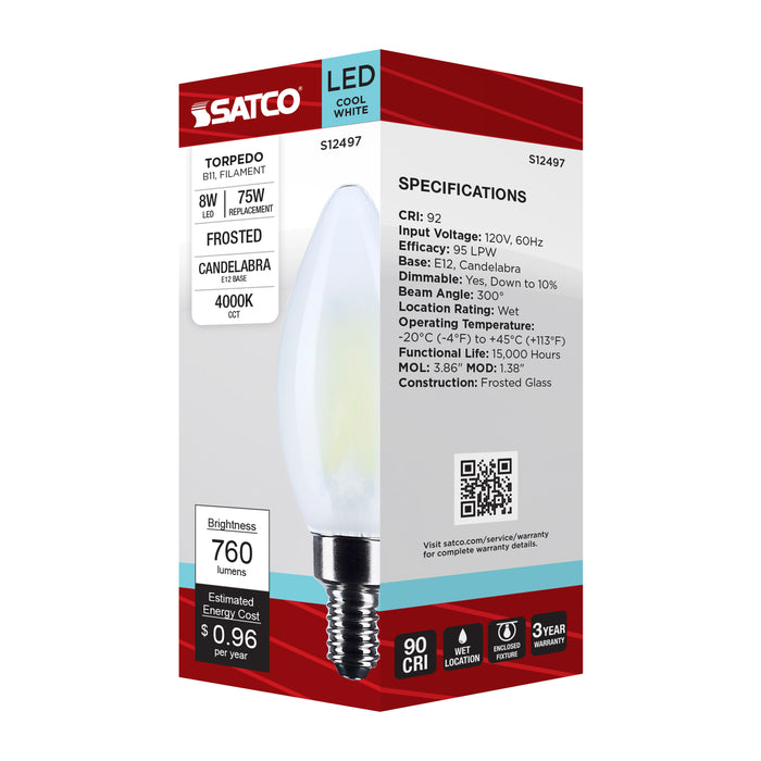 SATCO/NUVO 8W B11 LED Candelabra E12 Base Candle-Tip Frost Finish 4000K 120V (S12497)