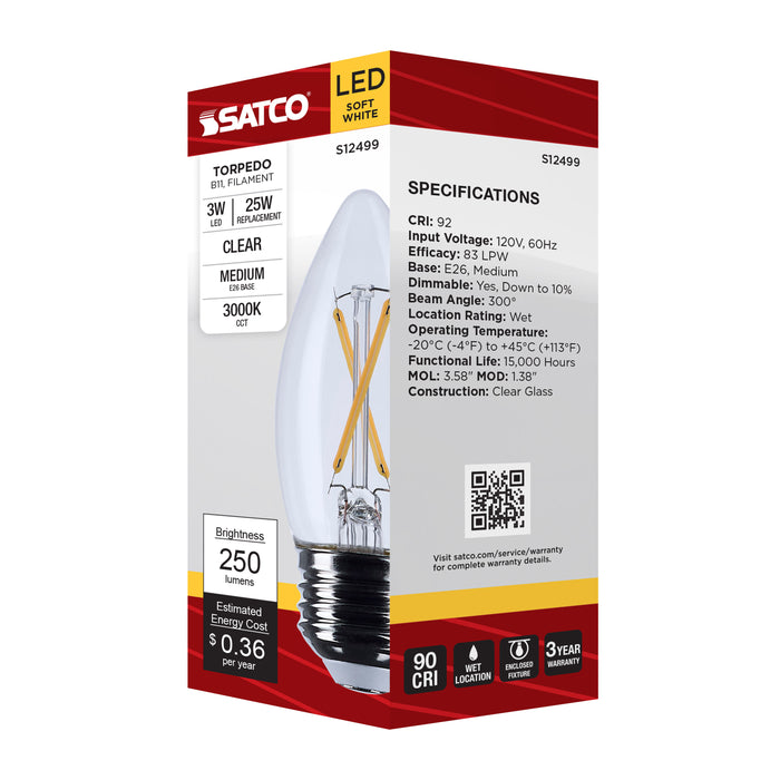 SATCO/NUVO 3W B11 LED Medium E26 Base Clear 3000K 120V (S12499)