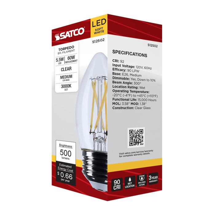 SATCO/NUVO 5.5W B11 LED Medium E26 Base Clear 3000K 120V (S12502)
