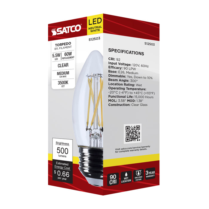 SATCO/NUVO 5.5W B11 LED Medium E26 Base Clear 3500K 120V (S12503)
