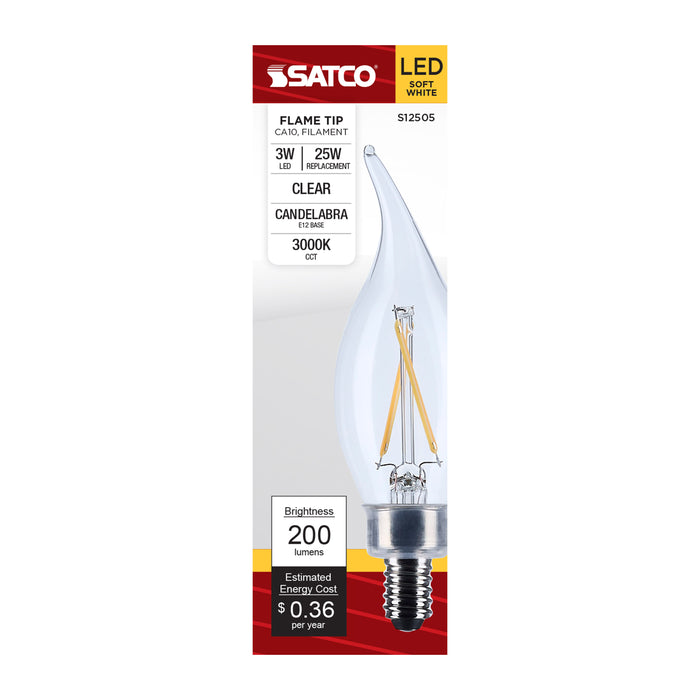 SATCO/NUVO 3W CA10 LED Candelabra E12 Base Clear 3000K 120V (S12505)