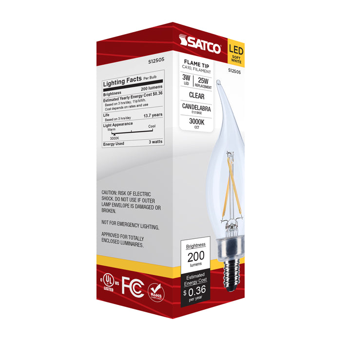 SATCO/NUVO 3W CA10 LED Candelabra E12 Base Clear 3000K 120V (S12505)