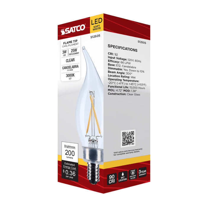 SATCO/NUVO 3W CA10 LED Candelabra E12 Base Clear 3000K 120V (S12505)