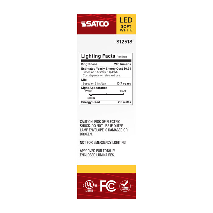 SATCO/NUVO 2.8W T6 LED Candelabra E12 Base Clear 3000K 120V (S12518)