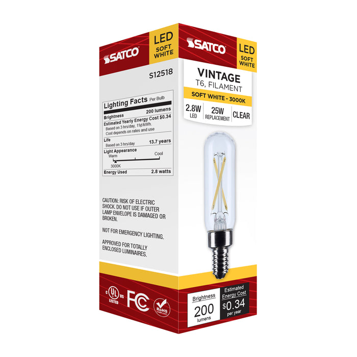 SATCO/NUVO 2.8W T6 LED Candelabra E12 Base Clear 3000K 120V (S12518)