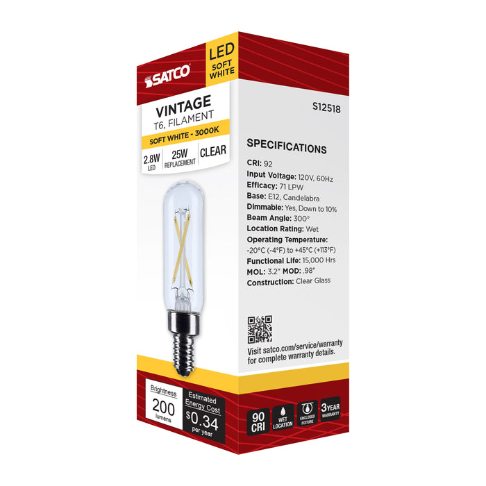 SATCO/NUVO 2.8W T6 LED Candelabra E12 Base Clear 3000K 120V (S12518)