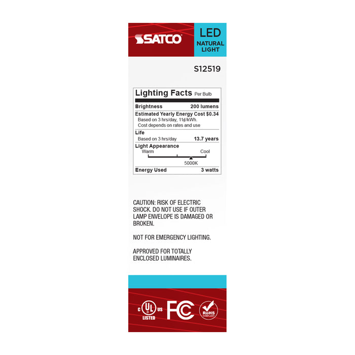 SATCO/NUVO 2.8W T6 LED Candelabra E12 Base Clear 5000K 120V (S12519)
