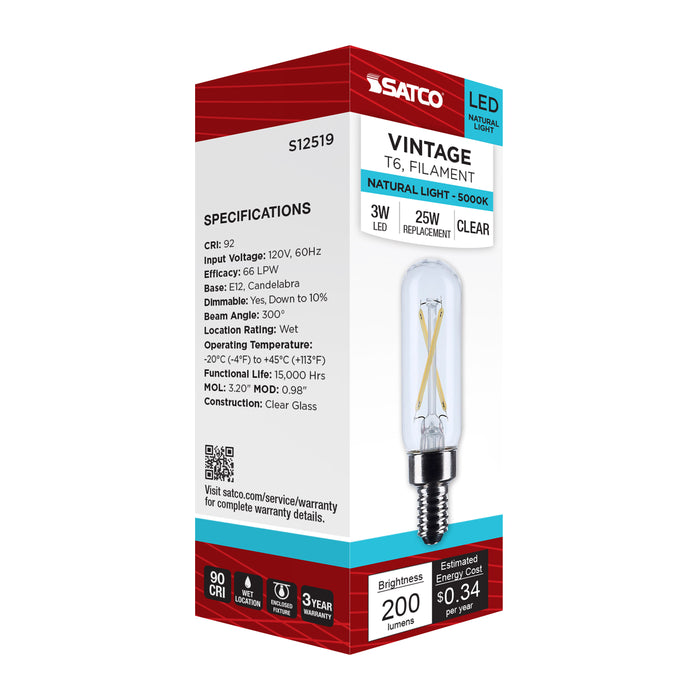SATCO/NUVO 2.8W T6 LED Candelabra E12 Base Clear 5000K 120V (S12519)