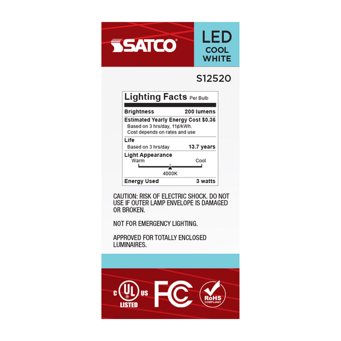SATCO/NUVO 3W T6.5 LED Intermediate E17 Base Clear 4000K 120V (S12520)