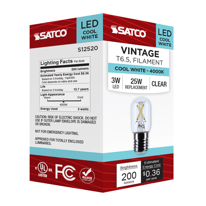 SATCO/NUVO 3W T6.5 LED Intermediate E17 Base Clear 4000K 120V (S12520)