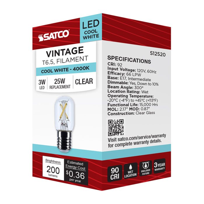 SATCO/NUVO 3W T6.5 LED Intermediate E17 Base Clear 4000K 120V (S12520)