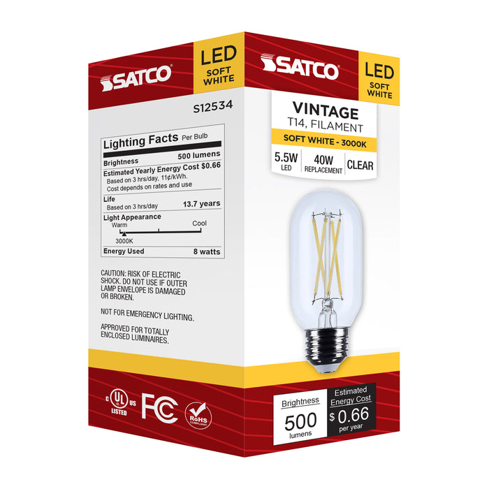 SATCO/NUVO 5.5W T14 LED Medium E26 Base Clear 3000K 120V (S12534)
