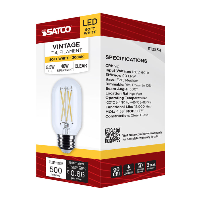SATCO/NUVO 5.5W T14 LED Medium E26 Base Clear 3000K 120V (S12534)