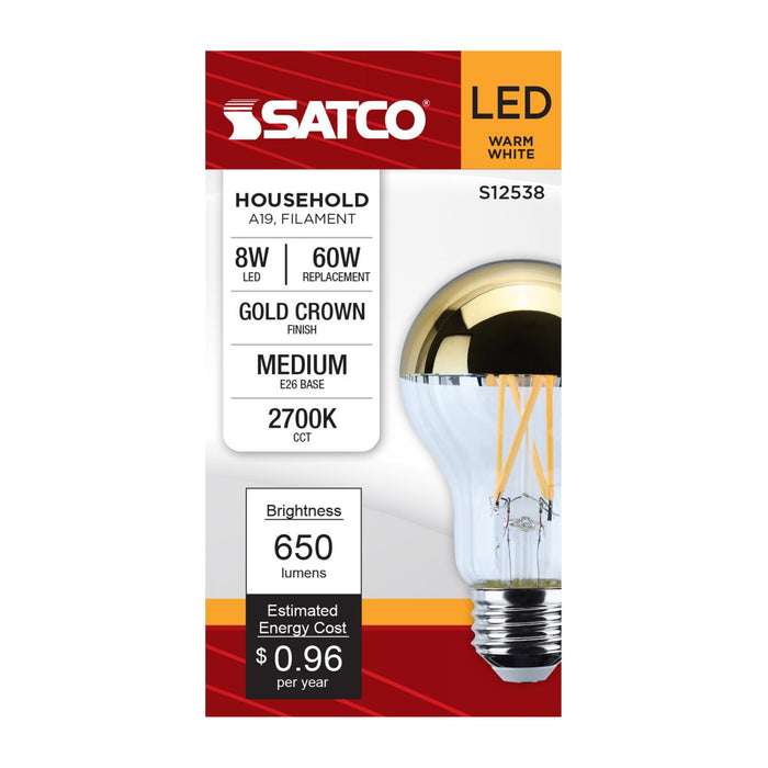 SATCO/NUVO 8W A19 LED Bulb Medium E26 Base 2700K Gold Crown 60W Replacement (S12538)