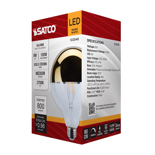 SATCO/NUVO 8W G40 LED Bulb Medium E26 Base 2700K Gold Crown 100W Replacement (S12546)