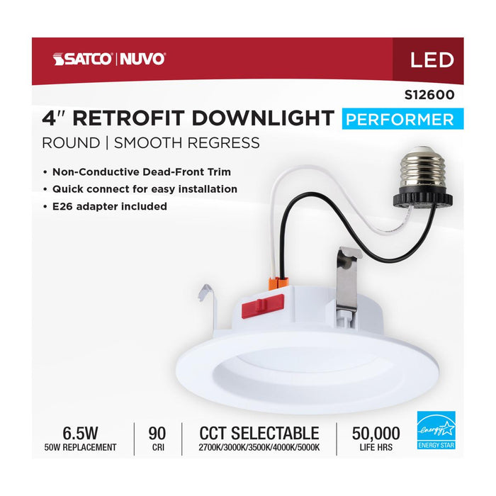 SATCO/NUVO 6W LED Downlight Retrofit 4 Inch CCT Selectable 2700K/3000K/3500K/4000K/5000K Round 90 CRI 120V White (S12600)
