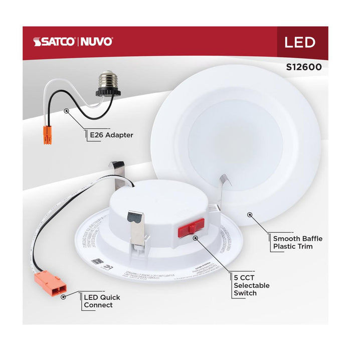 SATCO/NUVO 6W LED Downlight Retrofit 4 Inch CCT Selectable 2700K/3000K/3500K/4000K/5000K Round 90 CRI 120V White (S12600)