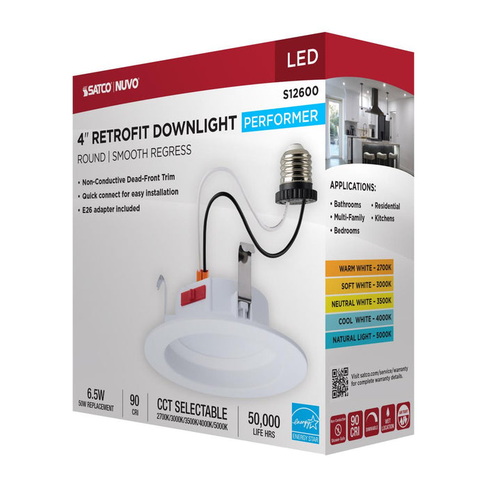SATCO/NUVO 6W LED Downlight Retrofit 4 Inch CCT Selectable 2700K/3000K/3500K/4000K/5000K Round 90 CRI 120V White (S12600)