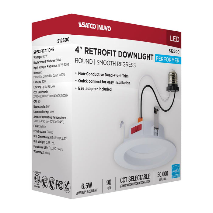 SATCO/NUVO 6W LED Downlight Retrofit 4 Inch CCT Selectable 2700K/3000K/3500K/4000K/5000K Round 90 CRI 120V White (S12600)