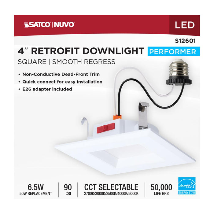 SATCO/NUVO 6W LED Downlight Retrofit 4 Inch CCT Selectable 2700K/3000K/3500K/4000K/5000K Square 90 CRI 120V White (S12601)
