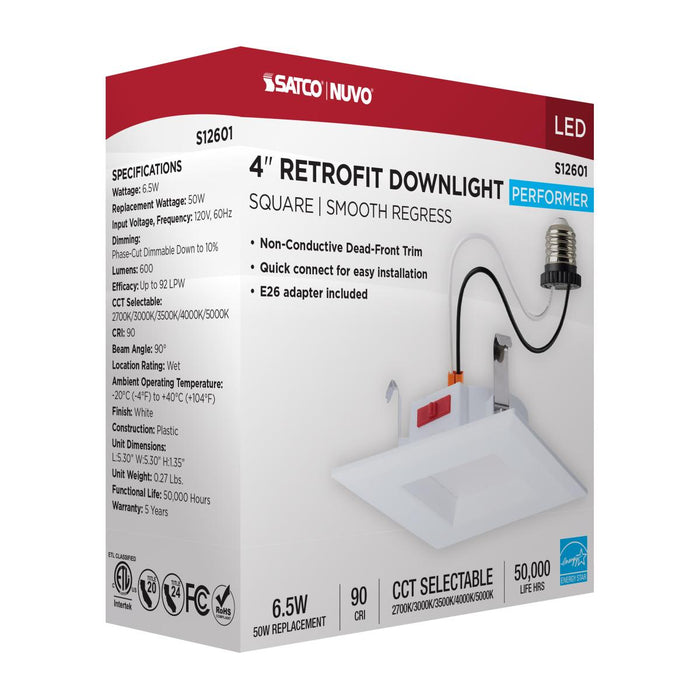 SATCO/NUVO 6W LED Downlight Retrofit 4 Inch CCT Selectable 2700K/3000K/3500K/4000K/5000K Square 90 CRI 120V White (S12601)