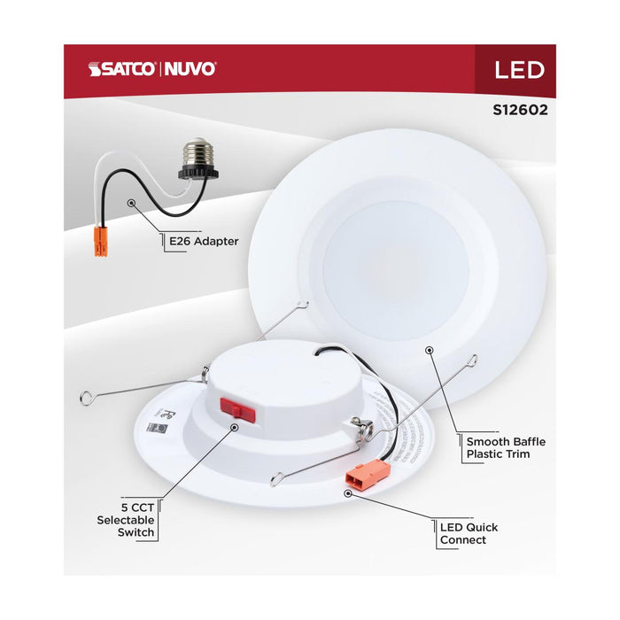 SATCO/NUVO 8W LED Downlight Retrofit 5-6 Inch CCT Selectable 2700K/3000K/3500K/4000K/5000K Round 90 CRI 120V White (S12602)