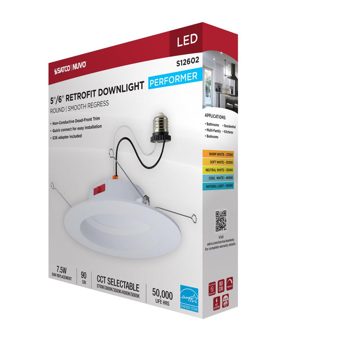SATCO/NUVO 8W LED Downlight Retrofit 5-6 Inch CCT Selectable 2700K/3000K/3500K/4000K/5000K Round 90 CRI 120V White (S12602)