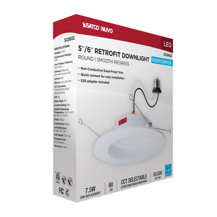 SATCO/NUVO 8W LED Downlight Retrofit 5-6 Inch CCT Selectable 2700K/3000K/3500K/4000K/5000K Round 90 CRI 120V White (S12602)