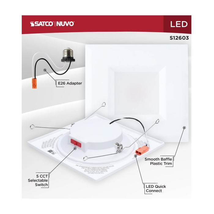 SATCO/NUVO 8W LED Downlight Retrofit 5-6 Inch CCT Selectable 2700K/3000K/3500K/4000K/5000K Square 90 CRI 120V White (S12603)