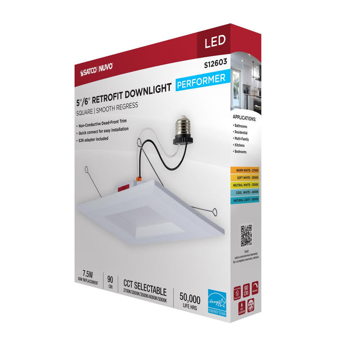 SATCO/NUVO 8W LED Downlight Retrofit 5-6 Inch CCT Selectable 2700K/3000K/3500K/4000K/5000K Square 90 CRI 120V White (S12603)